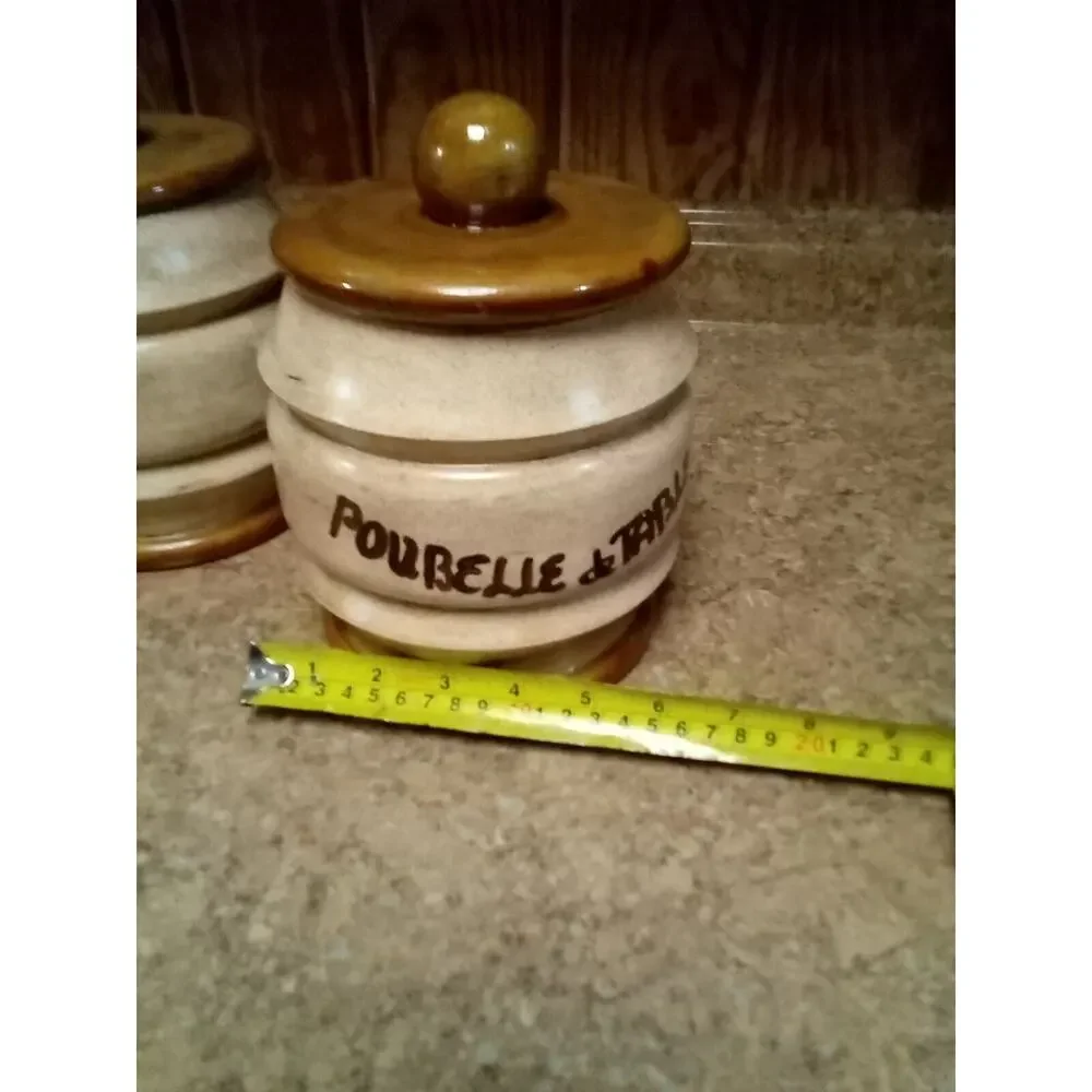 poubelle de table Vintage Beige Brown Pottery Canister Jar Set